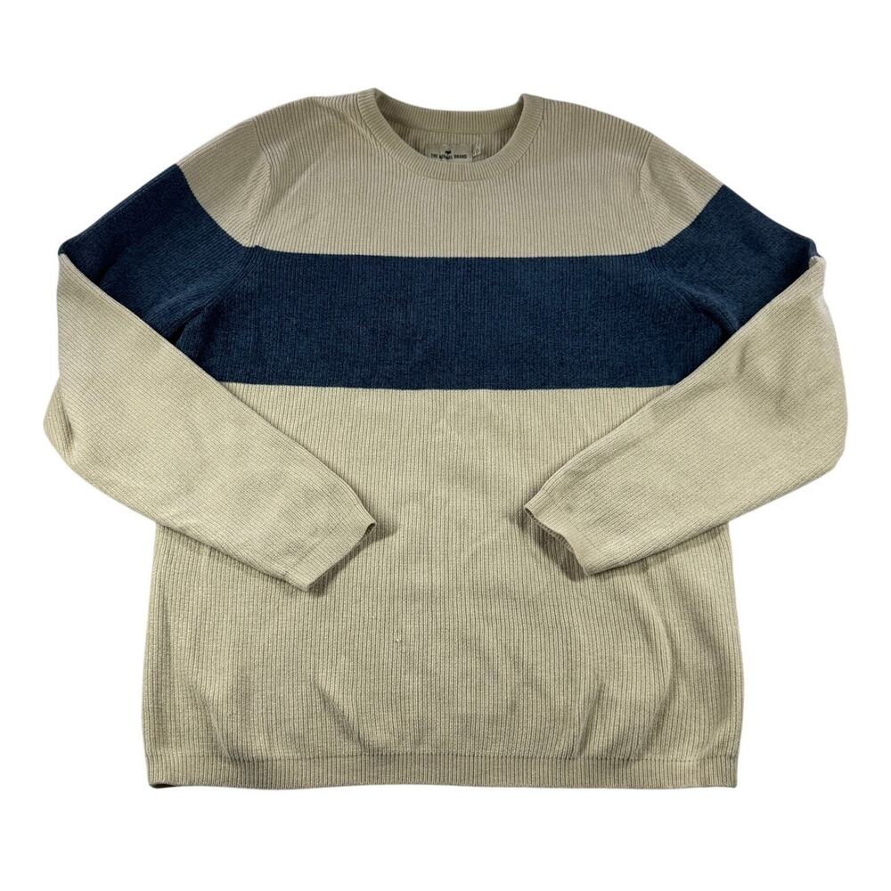 The Normal Brand Sweater Mens XL Beige Big Blue Stripe Crewneck Pullover Knit